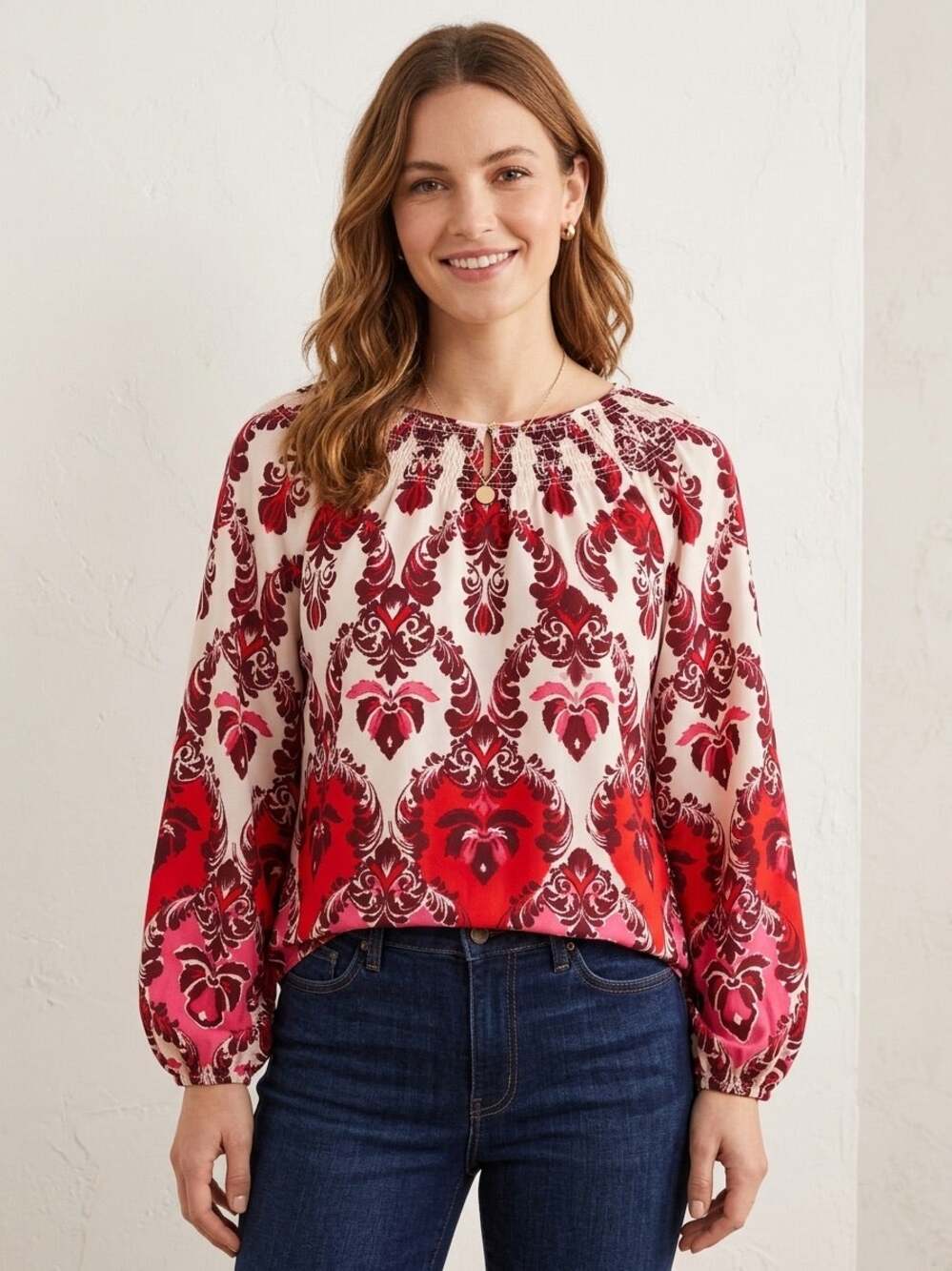 NWT Talbots Smocked Top Watercolor Damask Blouse Red Pink Cream Long Sleeve Med